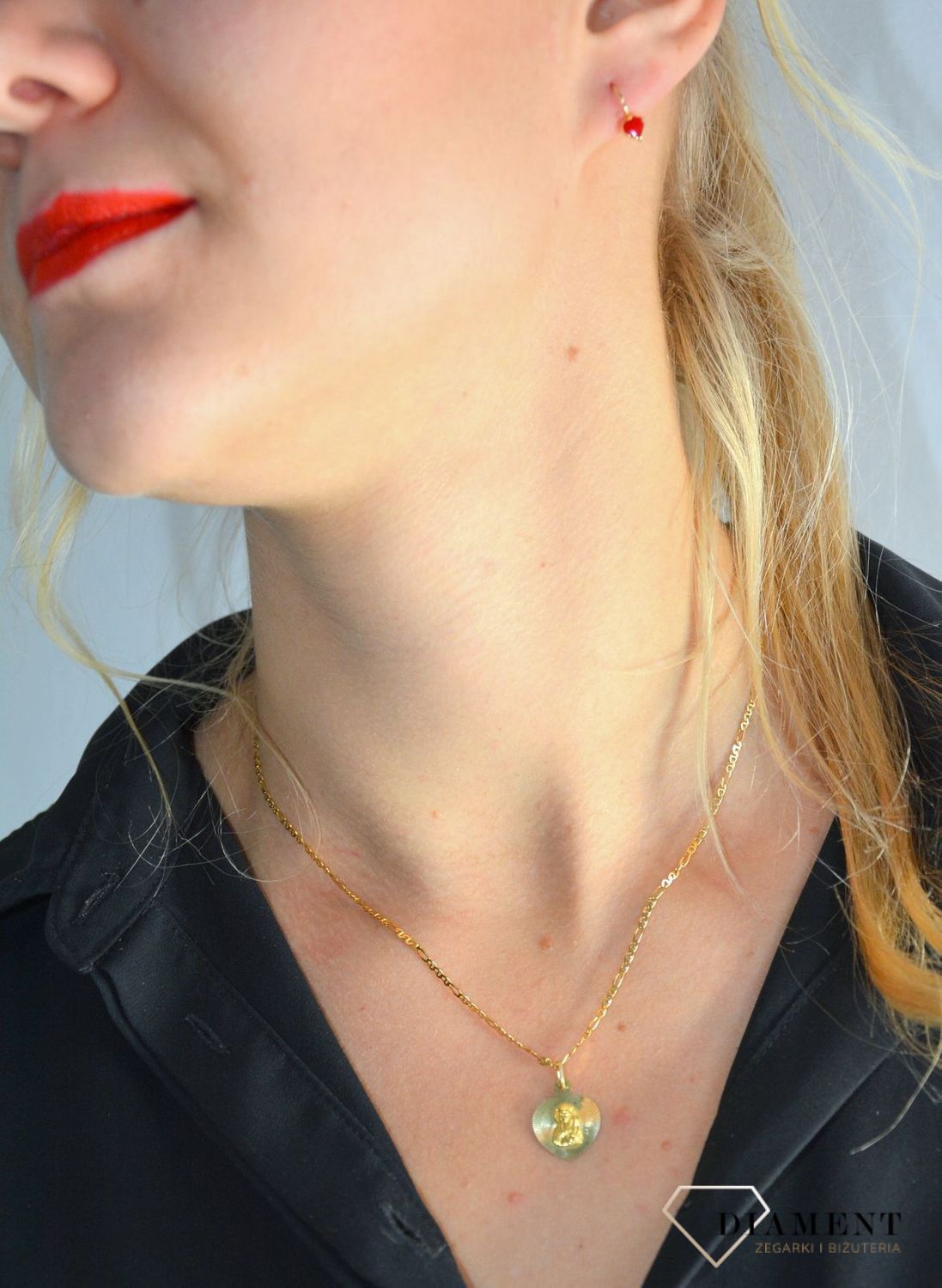 Złote kolczyki dla dziewczynki czerwone serduszko z emalii KL 3596A.jpg